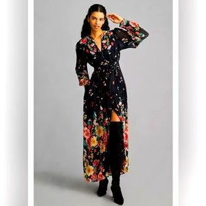 Anthropologie Black and Multicolor Floral Long Sleeve Dress